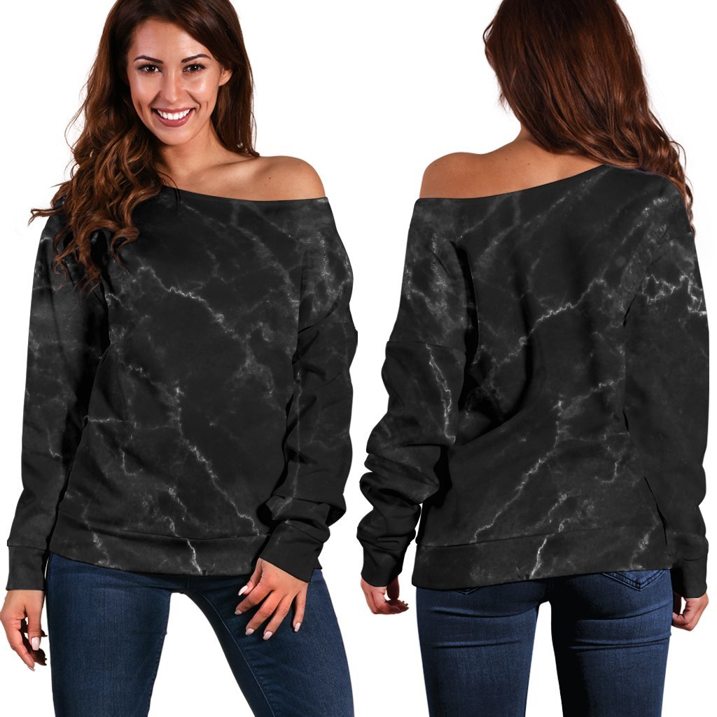 Black White Smoke Marble Print Off Shoulder Sweatshirt GearFrost