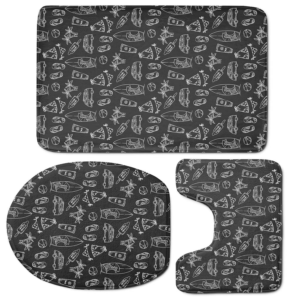Black White Surfing Pattern Print 3 Piece Bath Mat Set
