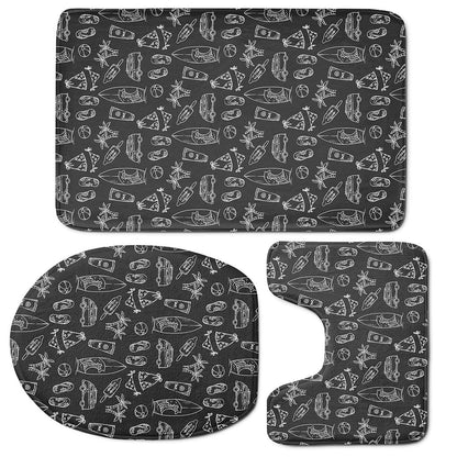 Black White Surfing Pattern Print 3 Piece Bath Mat Set