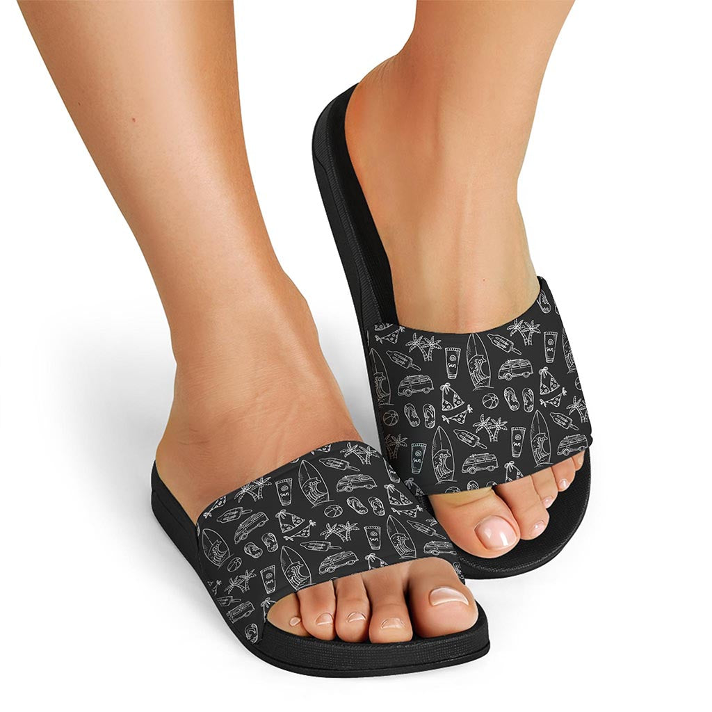 Black White Surfing Pattern Print Black Slide Sandals