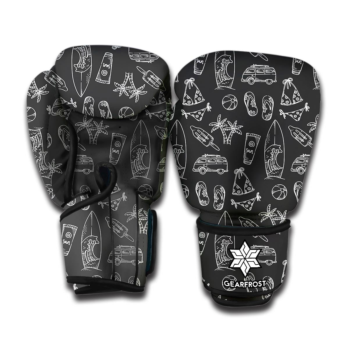 Black White Surfing Pattern Print Boxing Gloves