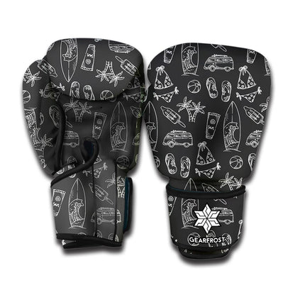 Black White Surfing Pattern Print Boxing Gloves