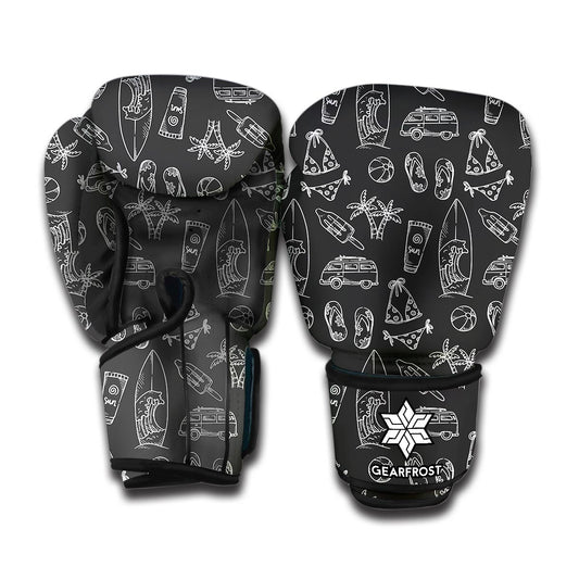 Black White Surfing Pattern Print Boxing Gloves
