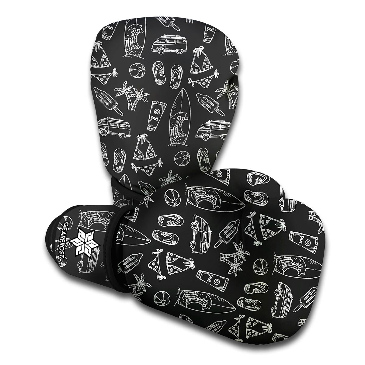 Black White Surfing Pattern Print Boxing Gloves
