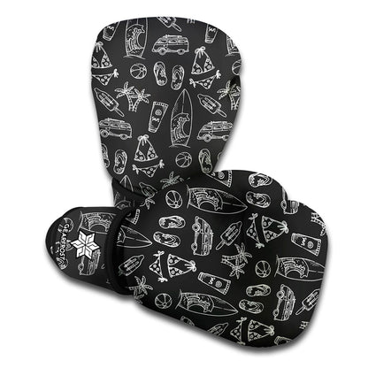 Black White Surfing Pattern Print Boxing Gloves