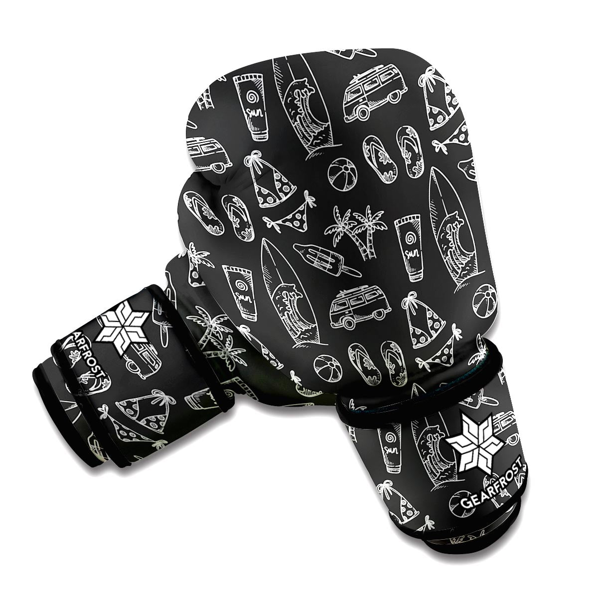 Black White Surfing Pattern Print Boxing Gloves