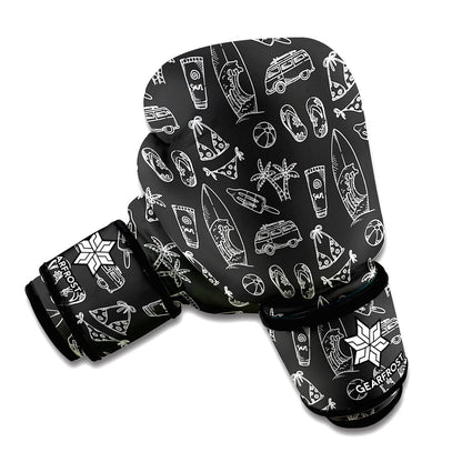 Black White Surfing Pattern Print Boxing Gloves