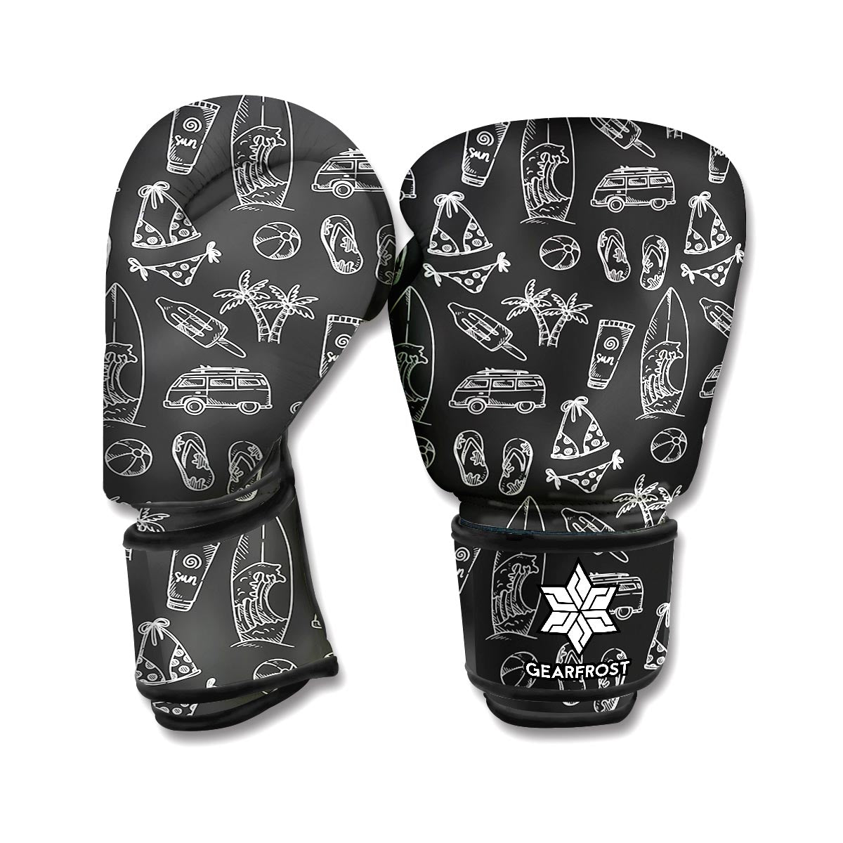 Black White Surfing Pattern Print Boxing Gloves