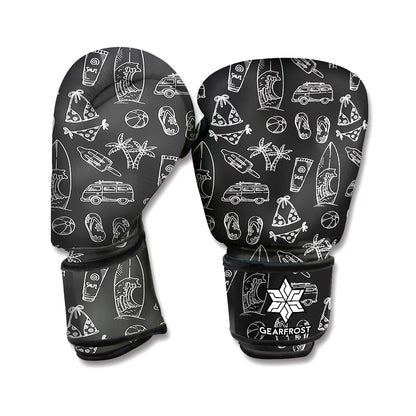 Black White Surfing Pattern Print Boxing Gloves
