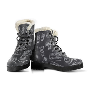 Black White Surfing Pattern Print Comfy Boots GearFrost