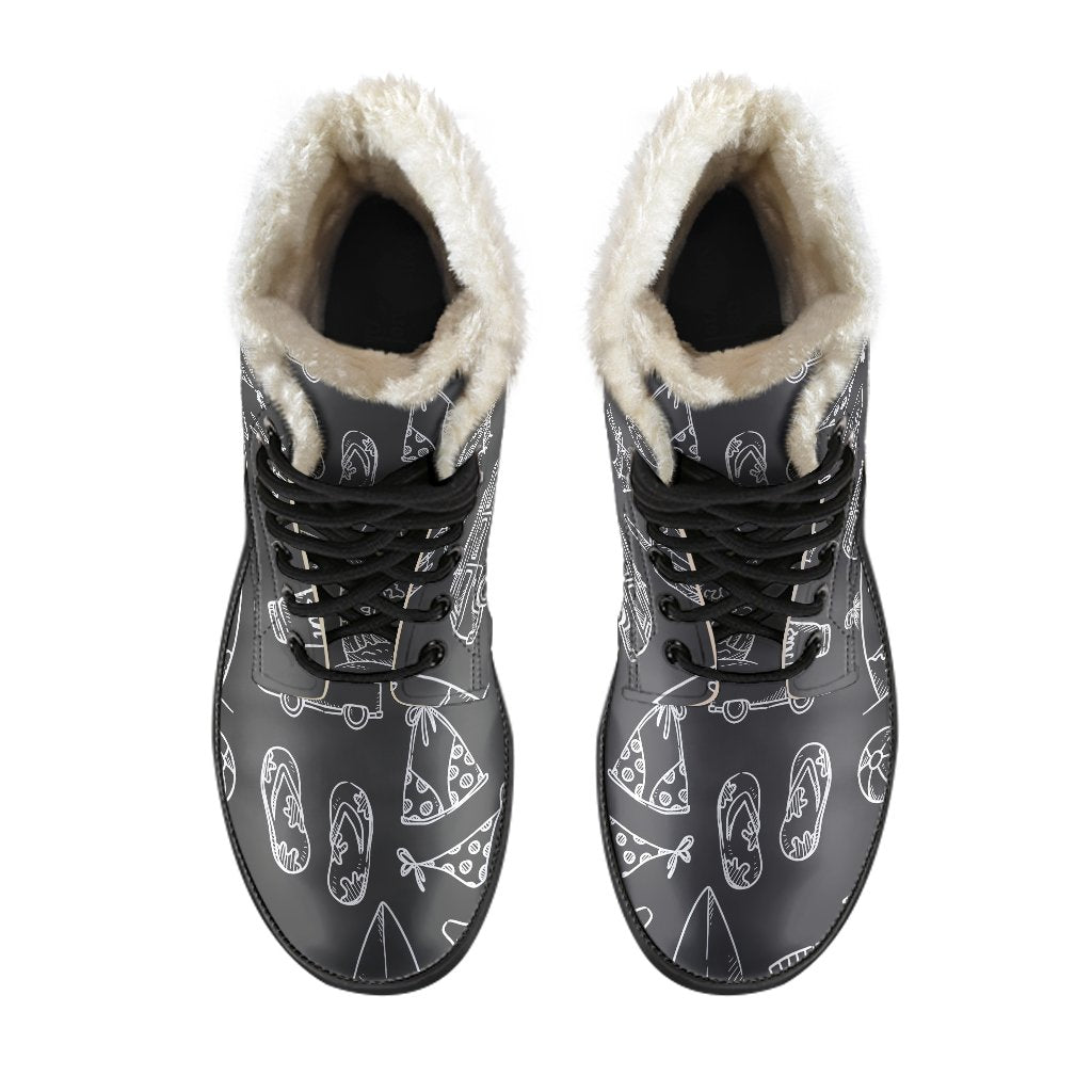 Black White Surfing Pattern Print Comfy Boots GearFrost