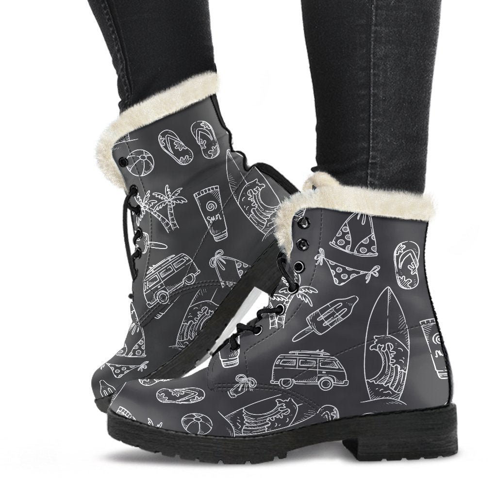 Black White Surfing Pattern Print Comfy Boots GearFrost