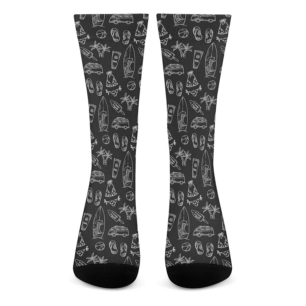 Black White Surfing Pattern Print Crew Socks