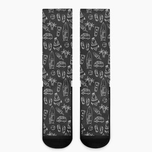 Black White Surfing Pattern Print Crew Socks