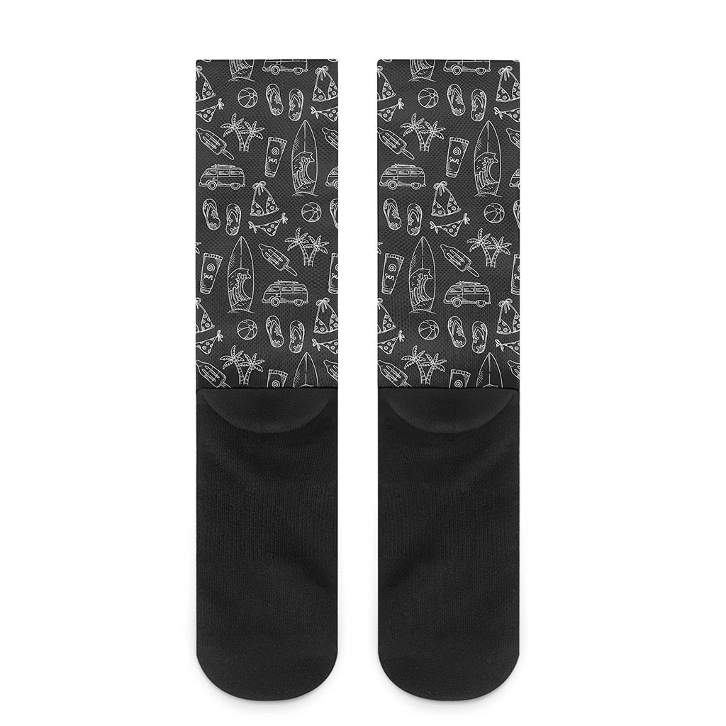 Black White Surfing Pattern Print Crew Socks