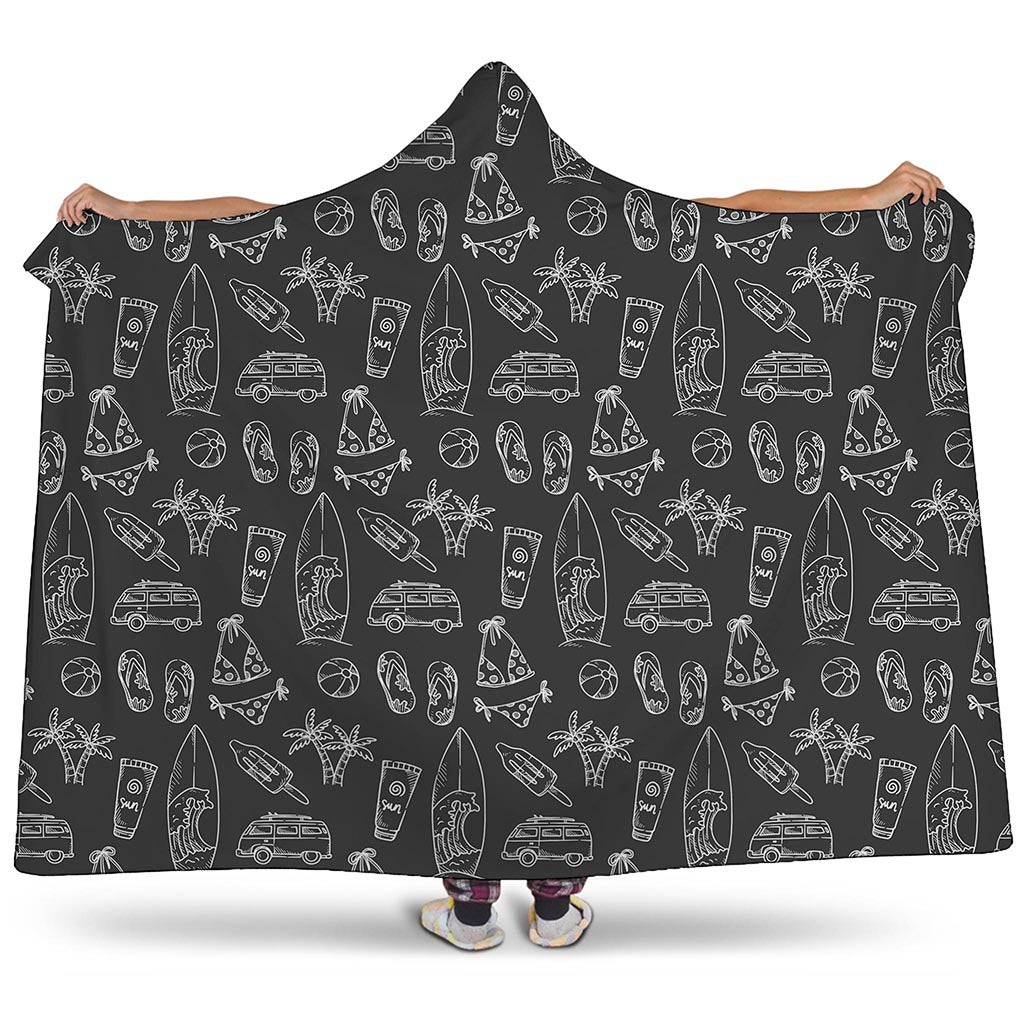 Black White Surfing Pattern Print Hooded Blanket