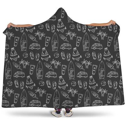 Black White Surfing Pattern Print Hooded Blanket