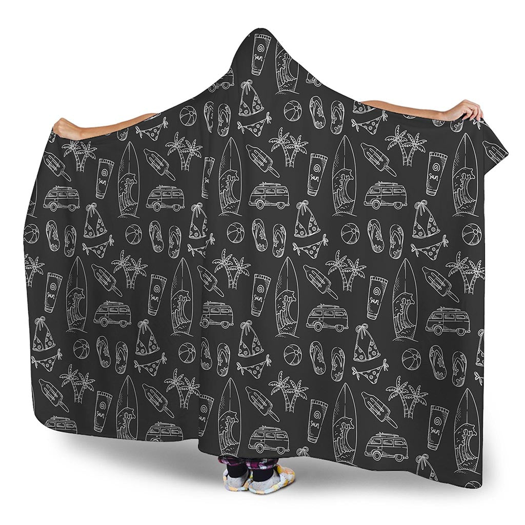 Black White Surfing Pattern Print Hooded Blanket
