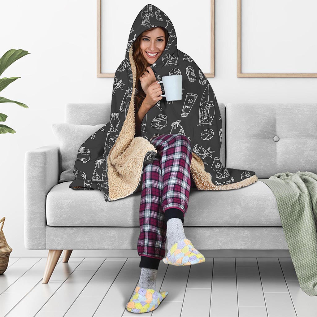 Black White Surfing Pattern Print Hooded Blanket