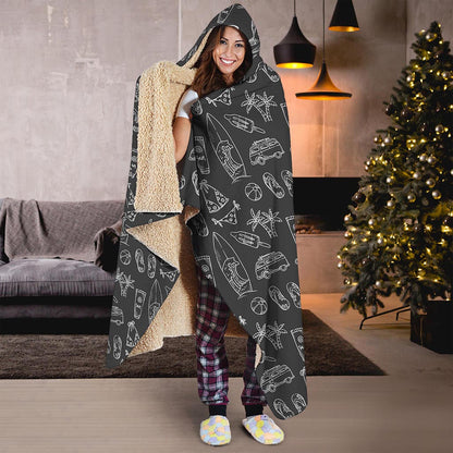 Black White Surfing Pattern Print Hooded Blanket