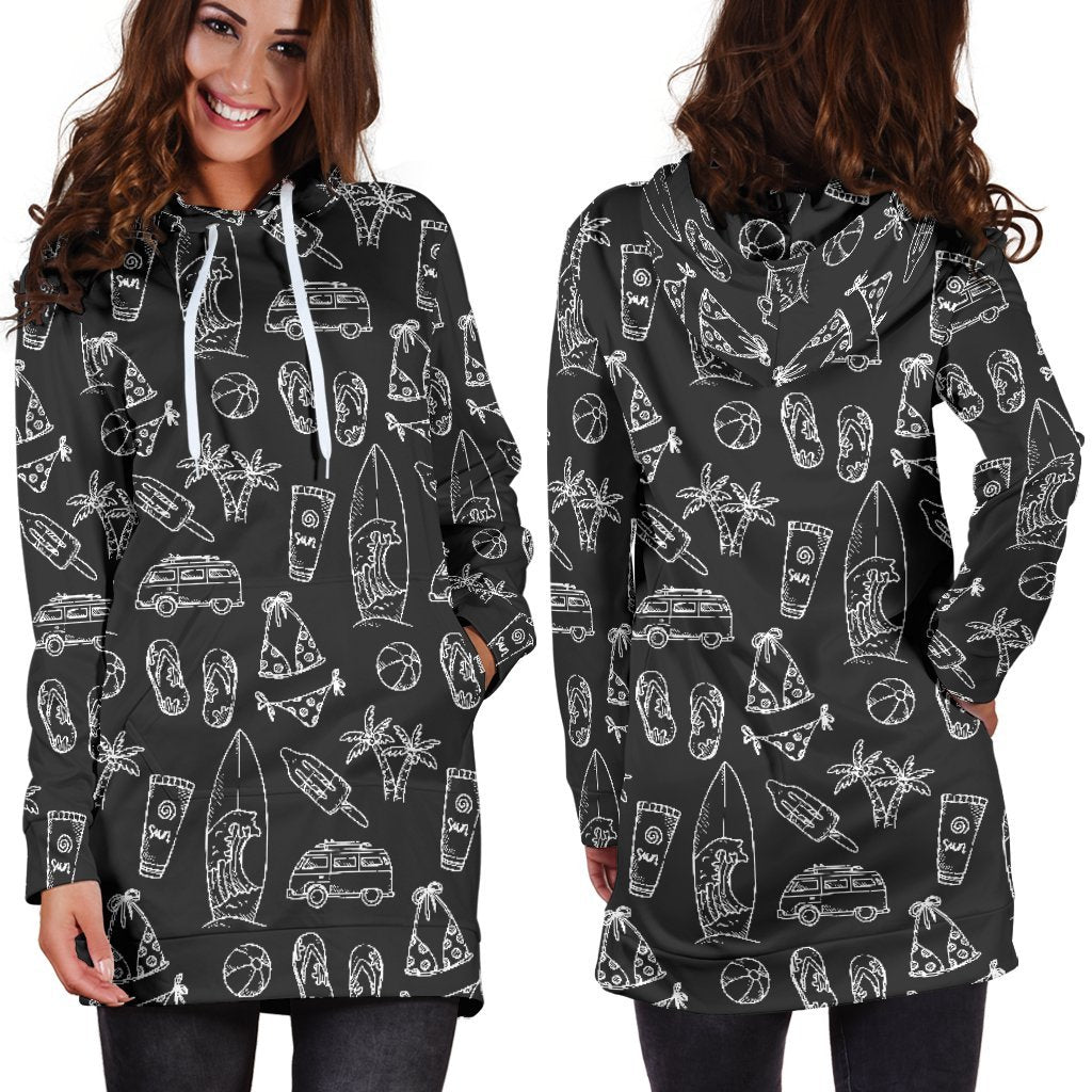 Black White Surfing Pattern Print Hoodie Dress GearFrost