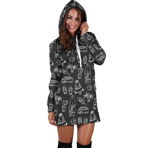 Black White Surfing Pattern Print Hoodie Dress GearFrost