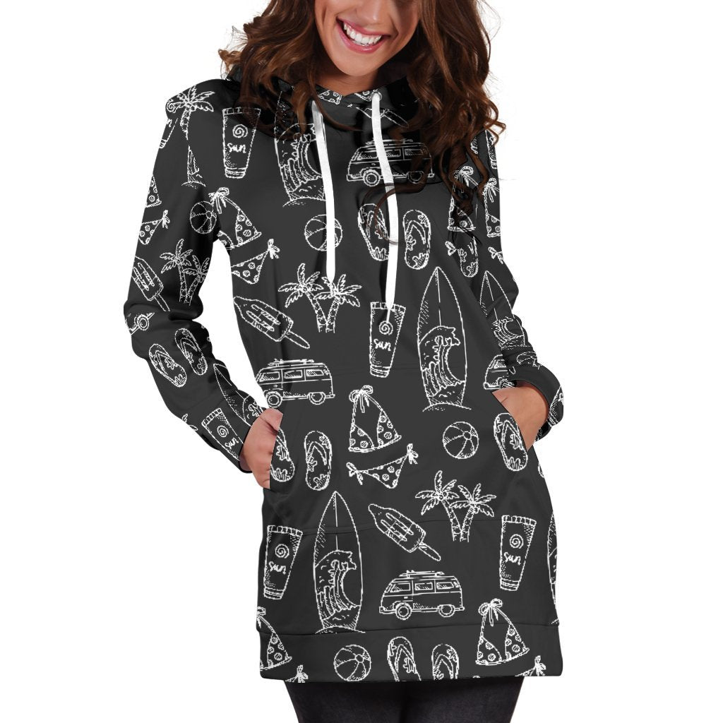 Black White Surfing Pattern Print Hoodie Dress GearFrost