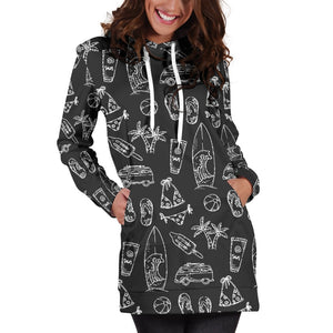 Black White Surfing Pattern Print Hoodie Dress GearFrost