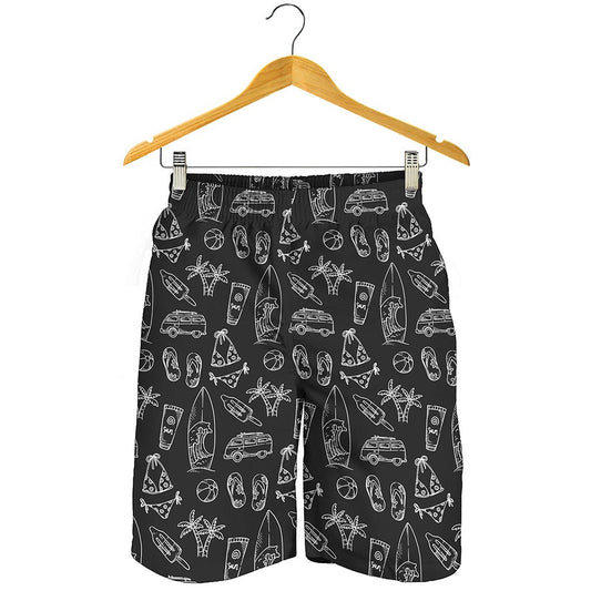 Black White Surfing Pattern Print Men's Shorts