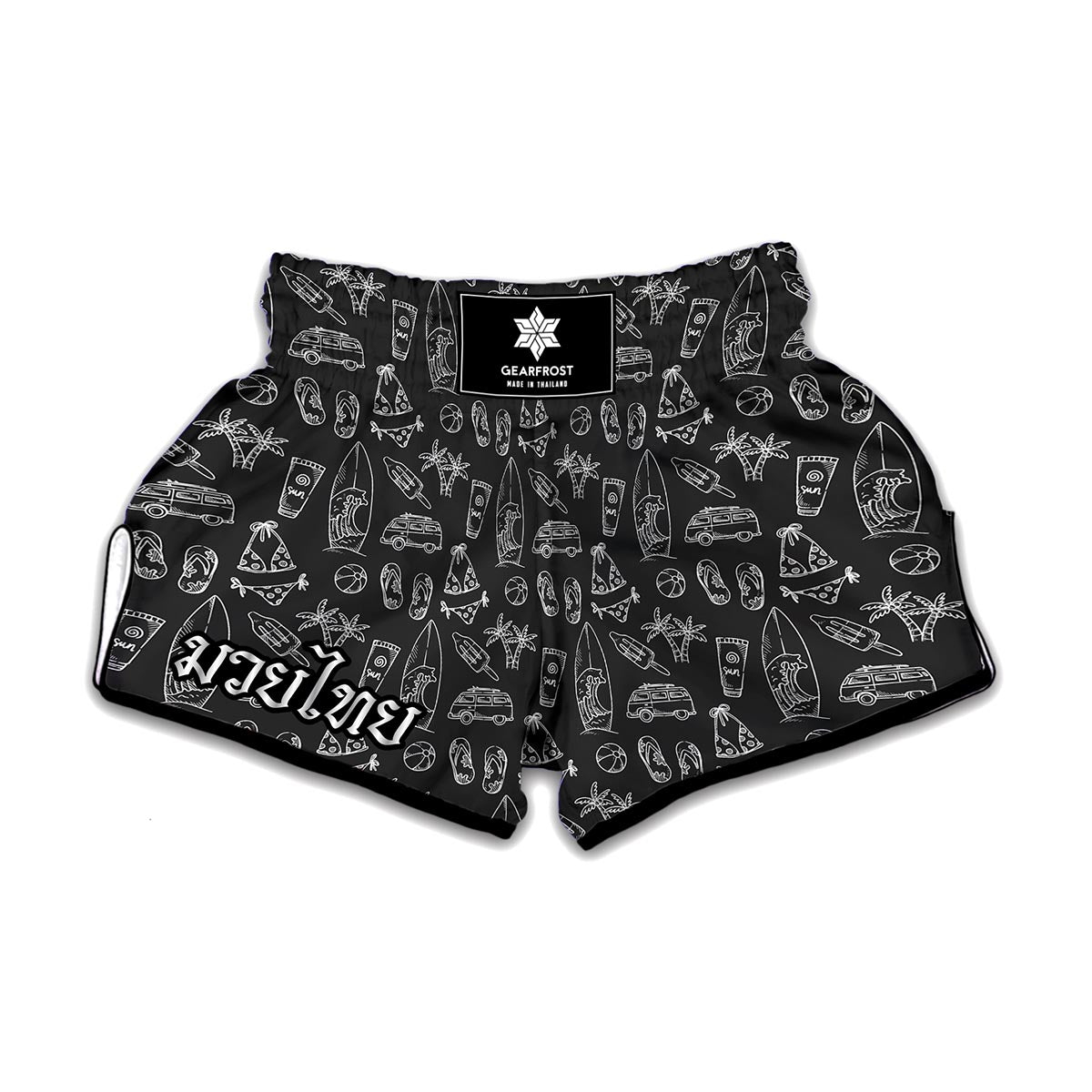 Black White Surfing Pattern Print Muay Thai Boxing Shorts