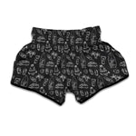 Black White Surfing Pattern Print Muay Thai Boxing Shorts