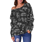 Black White Surfing Pattern Print Off Shoulder Sweatshirt GearFrost