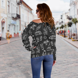 Black White Surfing Pattern Print Off Shoulder Sweatshirt GearFrost