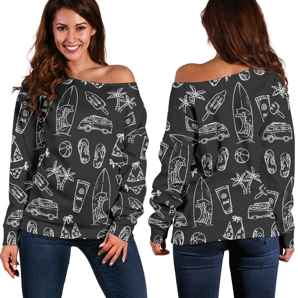 Black White Surfing Pattern Print Off Shoulder Sweatshirt GearFrost