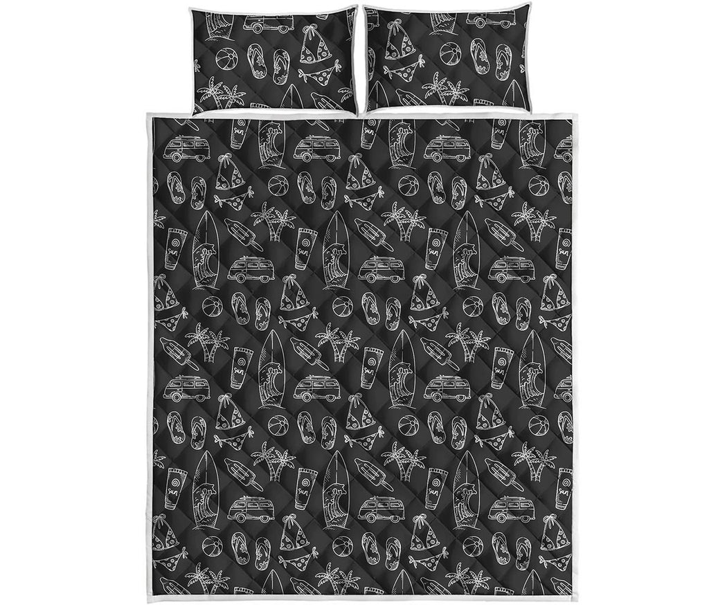 Black White Surfing Pattern Print Quilt Bed Set