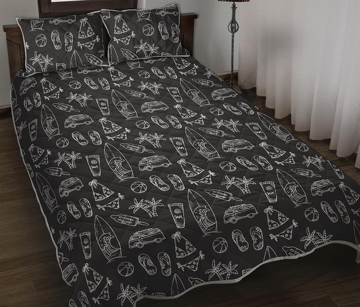 Black White Surfing Pattern Print Quilt Bed Set