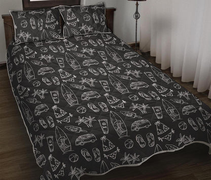 Black White Surfing Pattern Print Quilt Bed Set
