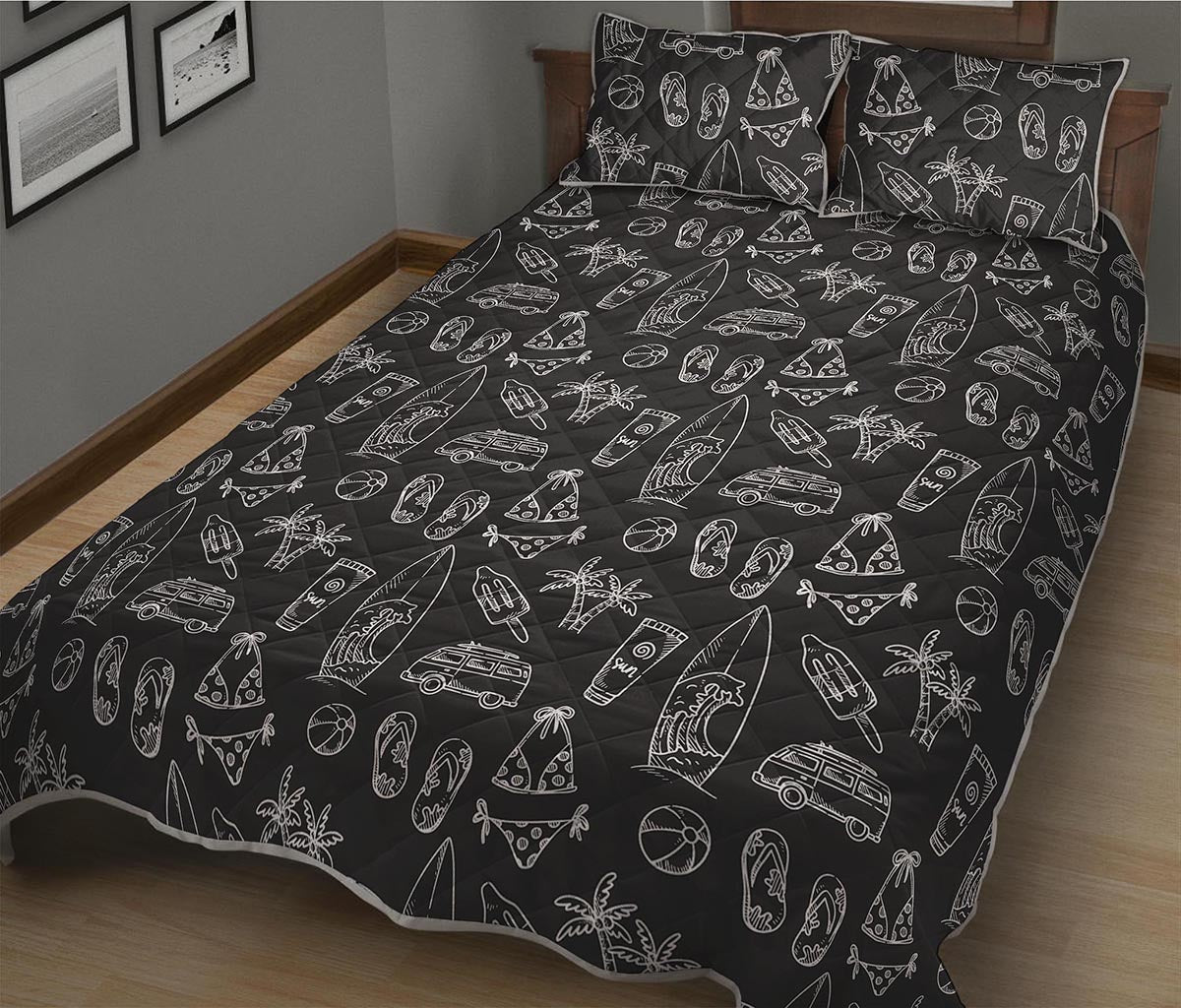 Black White Surfing Pattern Print Quilt Bed Set