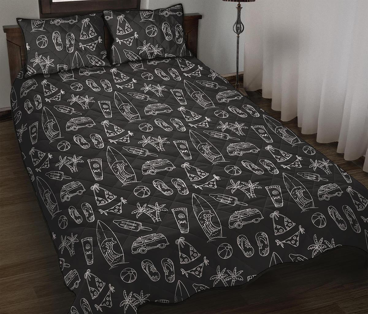 Black White Surfing Pattern Print Quilt Bed Set