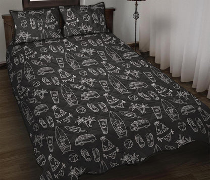 Black White Surfing Pattern Print Quilt Bed Set