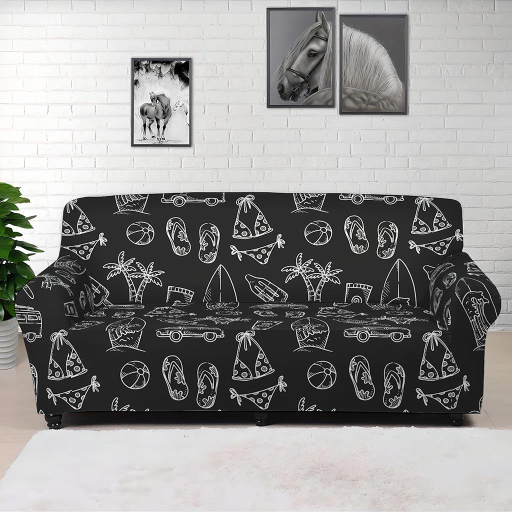 Black White Surfing Pattern Print Sofa Cover