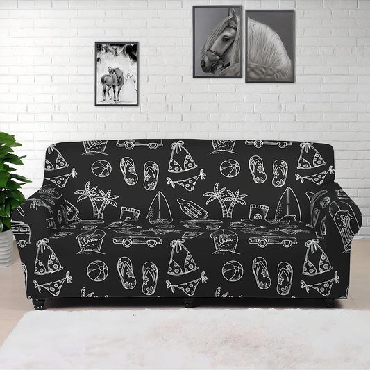 Black White Surfing Pattern Print Sofa Cover