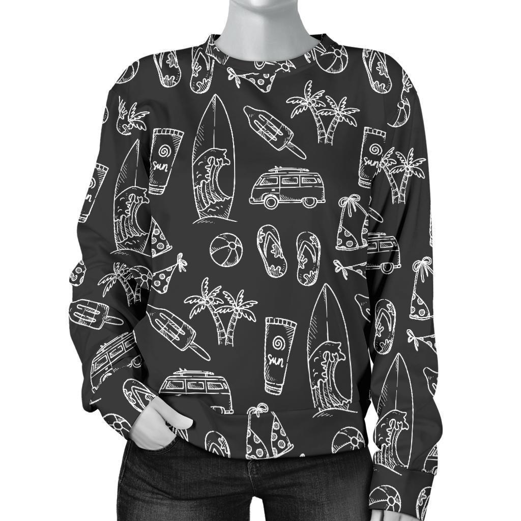 Black White Surfing Pattern Print Women's Crewneck Sweatshirt GearFrost