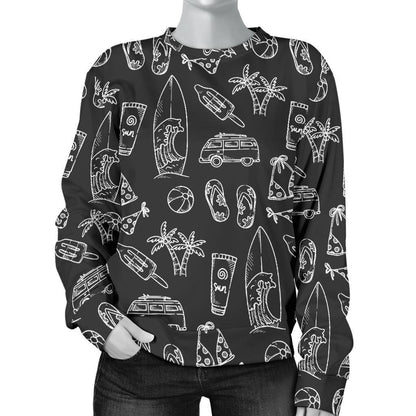 Black White Surfing Pattern Print Women's Crewneck Sweatshirt GearFrost