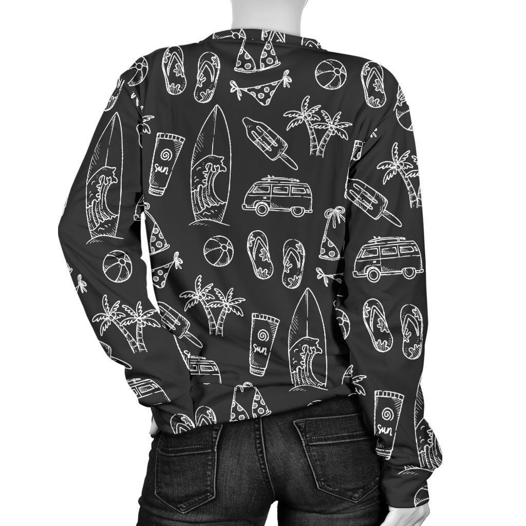 Black White Surfing Pattern Print Women's Crewneck Sweatshirt GearFrost
