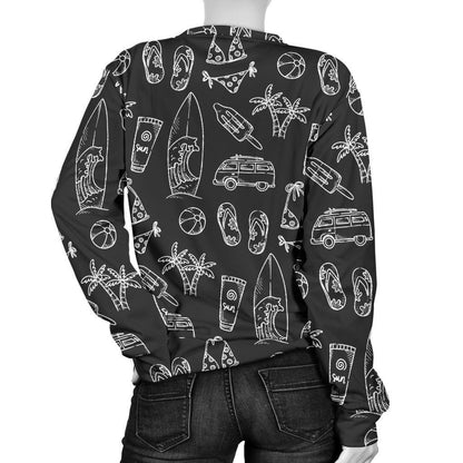 Black White Surfing Pattern Print Women's Crewneck Sweatshirt GearFrost
