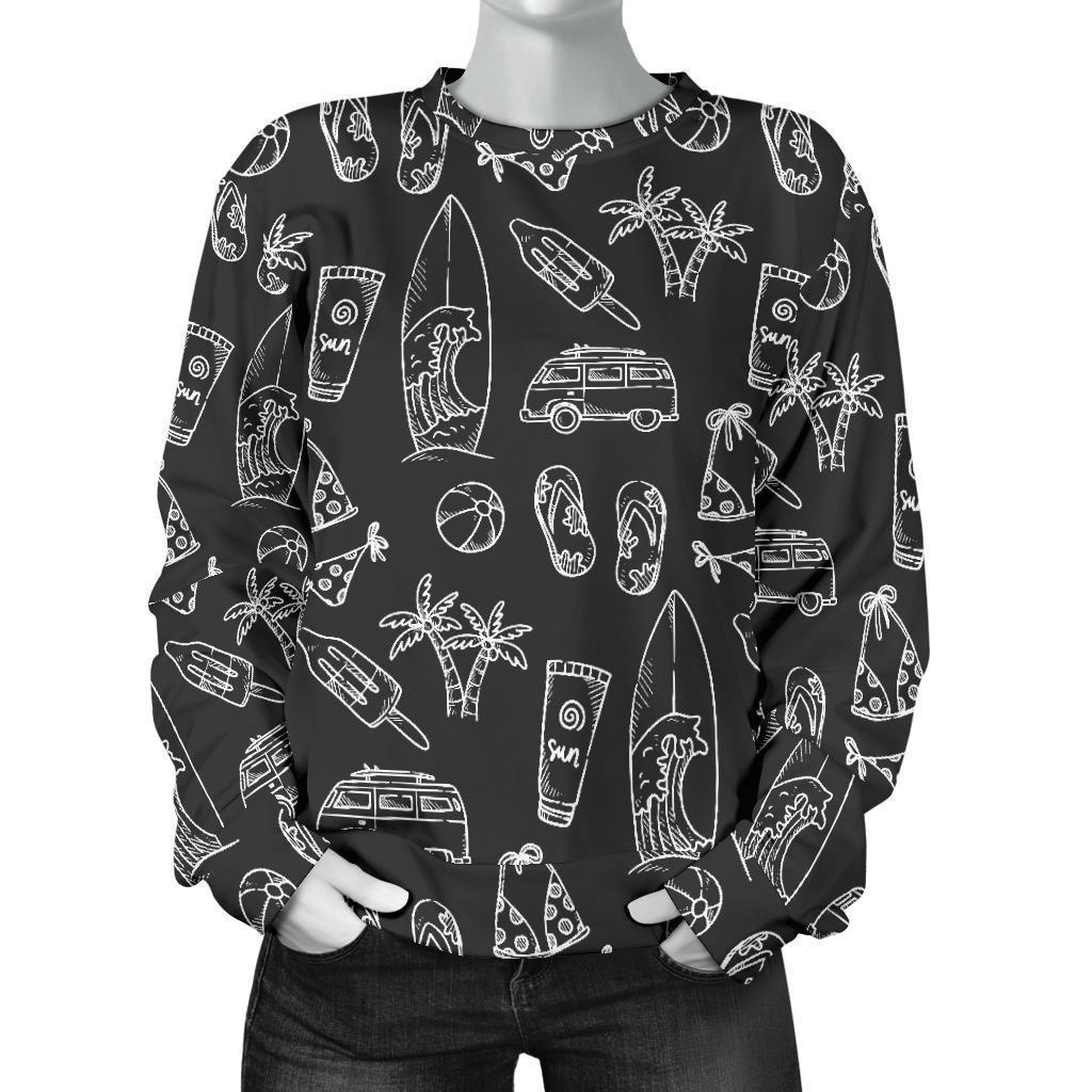 Black White Surfing Pattern Print Women's Crewneck Sweatshirt GearFrost