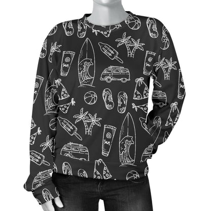 Black White Surfing Pattern Print Women's Crewneck Sweatshirt GearFrost