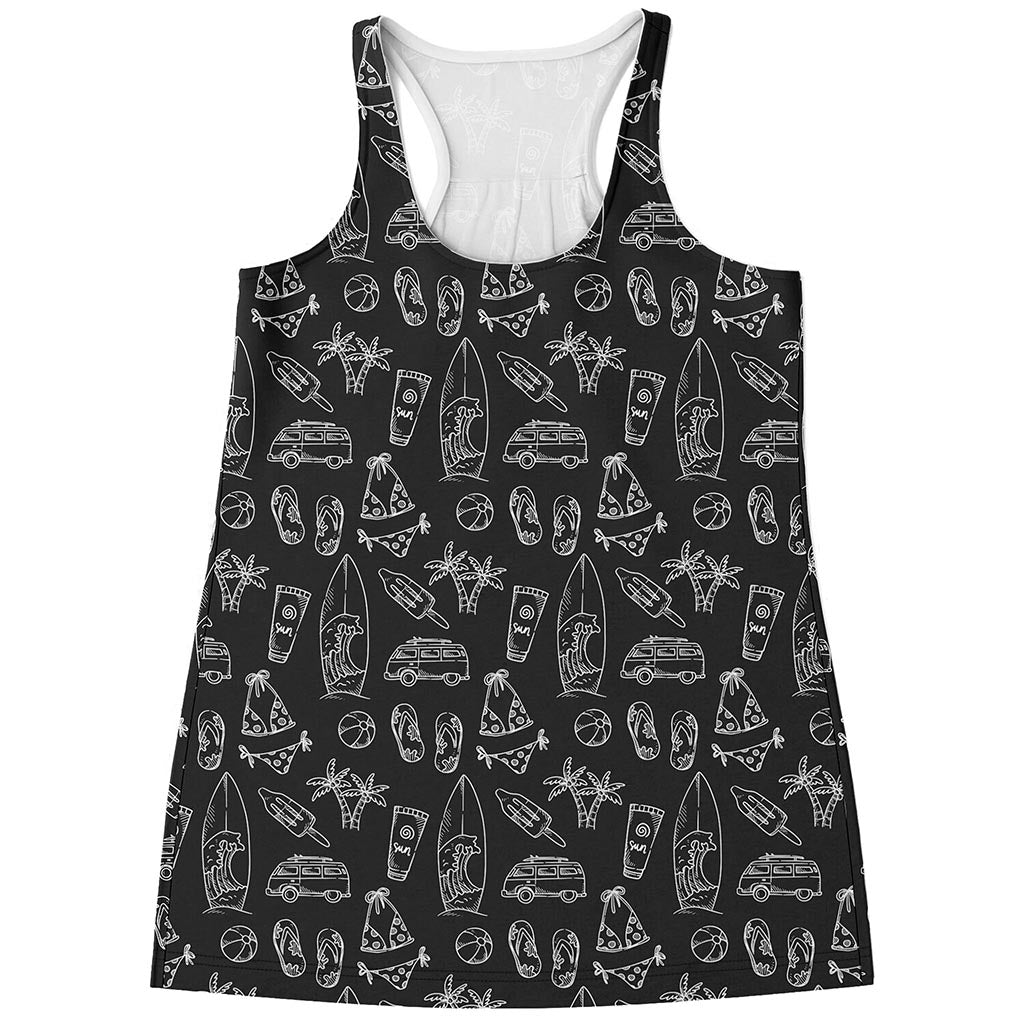 Black White Surfing Pattern Print Women's Racerback Tank Top