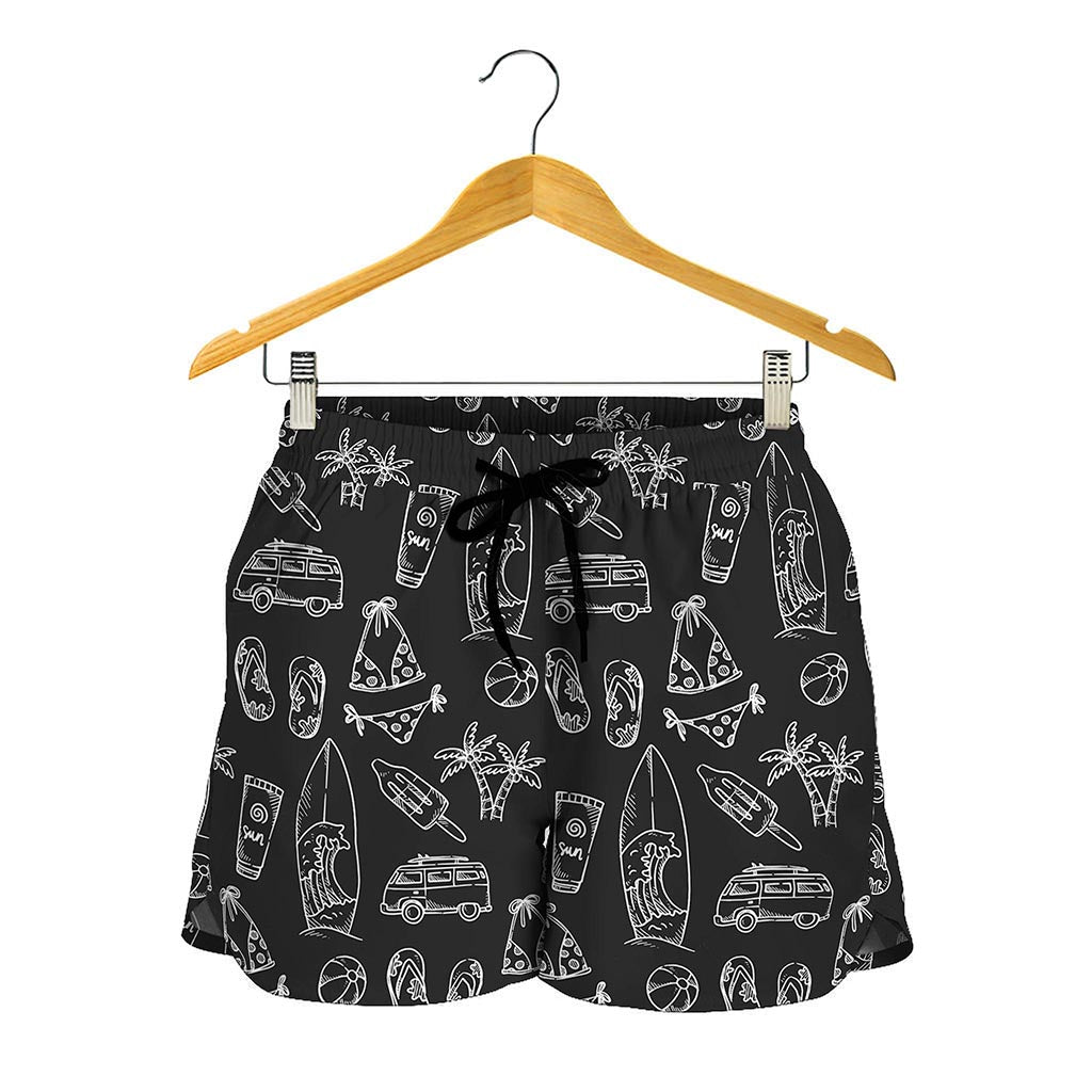 Black White Surfing Pattern Print Women's Shorts